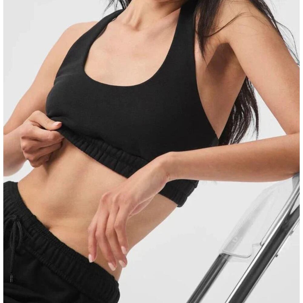 NWT Alo Yoga Scoop Neck Sweatshirt Bra Black Racerback Yoga Workout Sports Sz XS